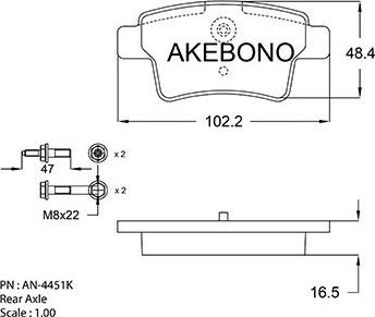 Akebono AN-4451K - Тормозные колодки, дисковые, комплект autospares.lv