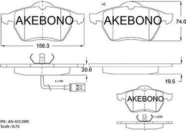 Akebono AN-4312WKE - Тормозные колодки, дисковые, комплект autospares.lv