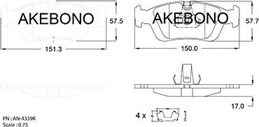 Akebono AN-4339KE - Тормозные колодки, дисковые, комплект autospares.lv