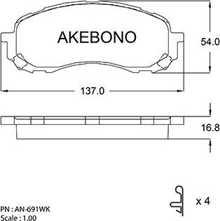 Akebono AN-691WKE - Тормозные колодки, дисковые, комплект autospares.lv