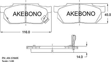 Akebono AN-378WK - Тормозные колодки, дисковые, комплект autospares.lv