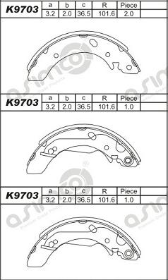 Asimco K9703 - Комплект тормозных колодок, барабанные autospares.lv