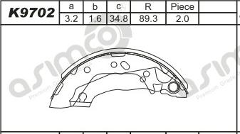 Asimco K9702 - Комплект тормозных колодок, барабанные autospares.lv