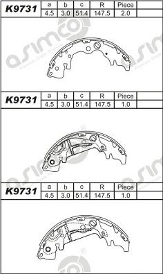 Asimco K9731 - Комплект тормозных колодок, барабанные autospares.lv