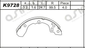 Asimco K9728 - Комплект тормозных колодок, барабанные autospares.lv