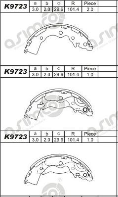 Asimco K9723 - Комплект тормозных колодок, барабанные autospares.lv