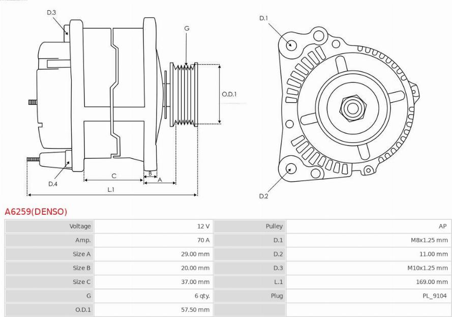 AS-PL A6259(DENSO) - Генератор autospares.lv