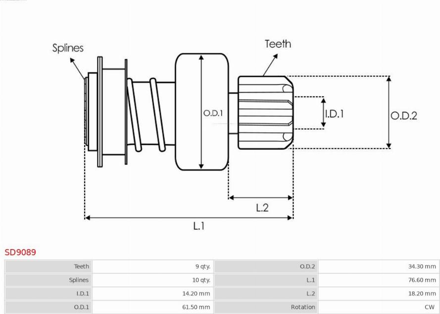 AS-PL SD9089 - Ведущая шестерня, бендикс, стартер autospares.lv