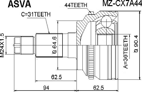 ASVA MZ-CX7A44 - Шарнирный комплект, ШРУС, приводной вал autospares.lv