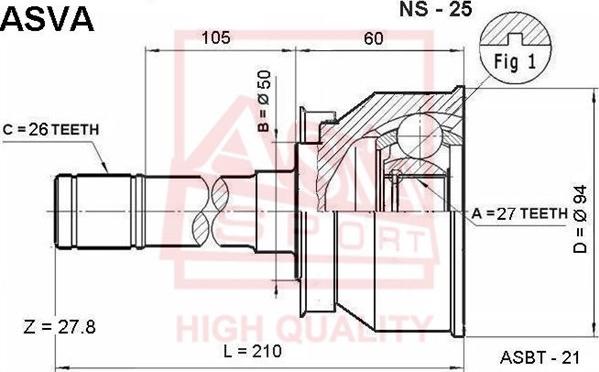 ASVA NS-25 - Шарнирный комплект, ШРУС, приводной вал autospares.lv