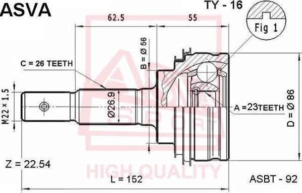 ASVA TY-16 - Шарнирный комплект, ШРУС, приводной вал autospares.lv