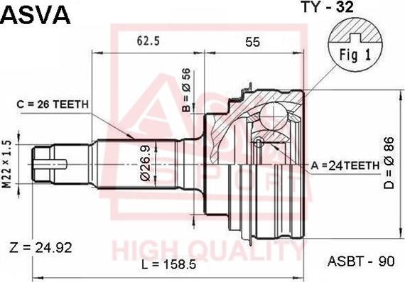 ASVA TY-32 - Шарнирный комплект, ШРУС, приводной вал autospares.lv