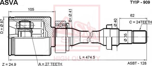 ASVA TYIP-909 - Шарнирный комплект, ШРУС, приводной вал autospares.lv