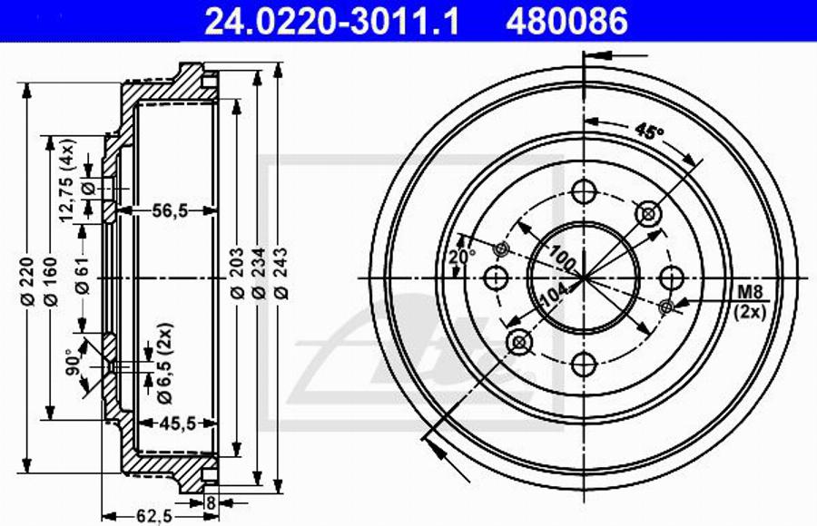 ATE 480086 - Тормозной барабан autospares.lv