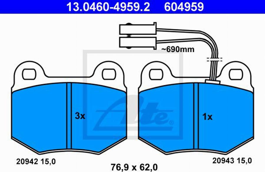 ATE 604959 - Тормозные колодки, дисковые, комплект autospares.lv