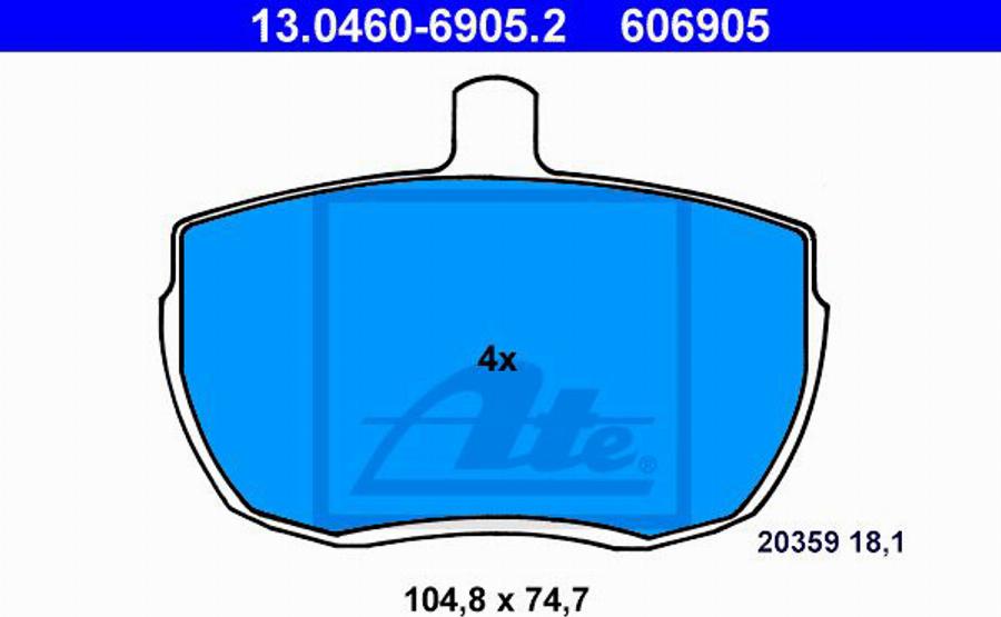 ATE 606905 - Тормозные колодки, дисковые, комплект autospares.lv