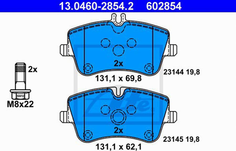 ATE 602854 - Тормозные колодки, дисковые, комплект autospares.lv