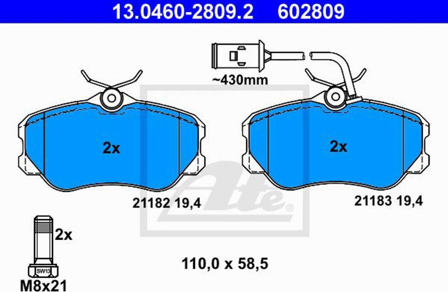 ATE 602809 - Тормозные колодки, дисковые, комплект autospares.lv