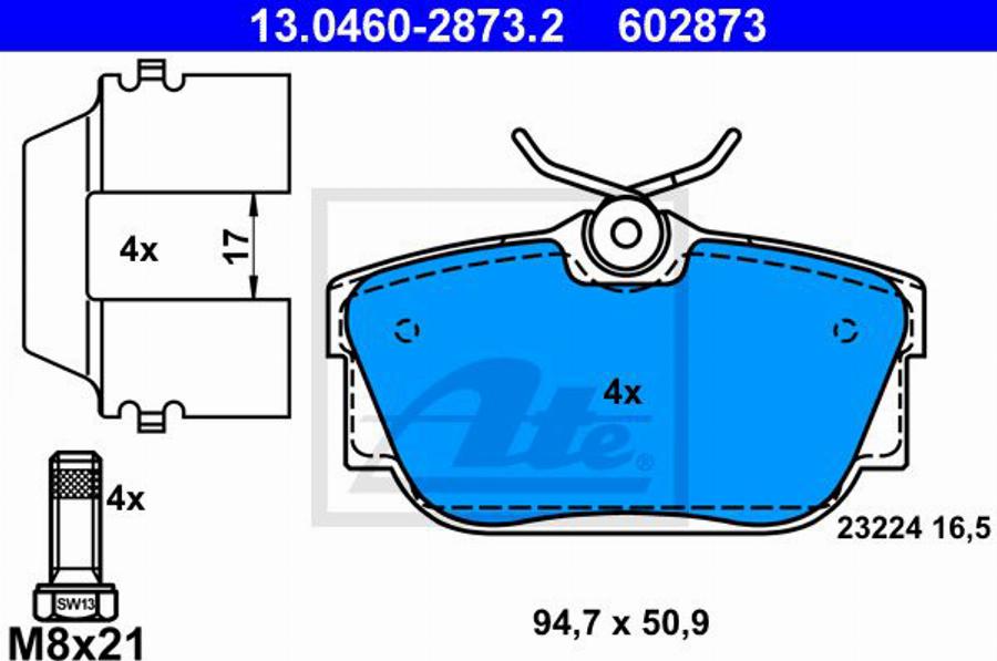 ATE 602873 - Тормозные колодки, дисковые, комплект autospares.lv