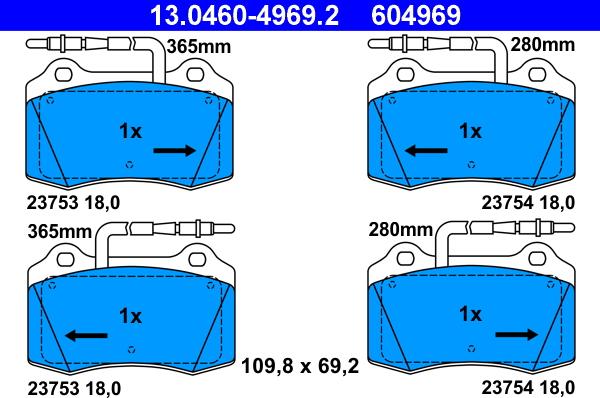 ATE 13.0460-4969.2 - Тормозные колодки, дисковые, комплект autospares.lv