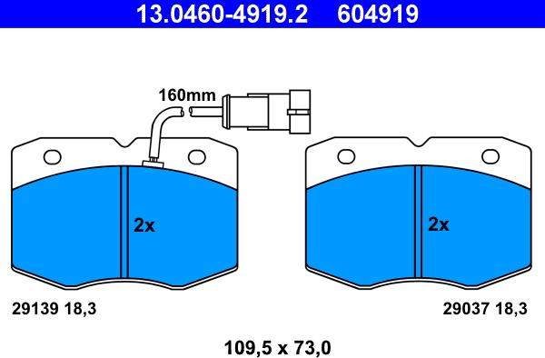 ATE 13.0460-4919.2 - Тормозные колодки, дисковые, комплект autospares.lv