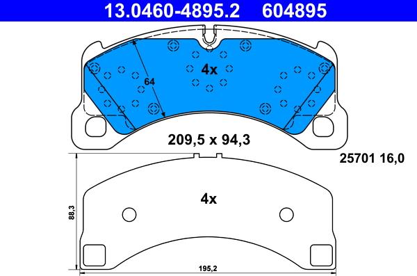 ATE 13.0460-4895.2 - Тормозные колодки, дисковые, комплект autospares.lv