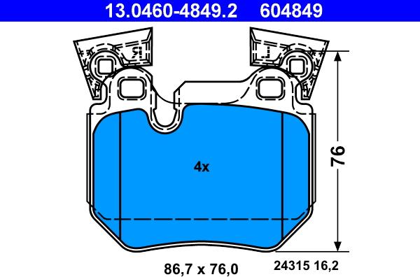 ATE 13.0460-4849.2 - Тормозные колодки, дисковые, комплект autospares.lv