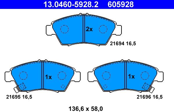 ATE 13.0460-5928.2 - Тормозные колодки, дисковые, комплект autospares.lv