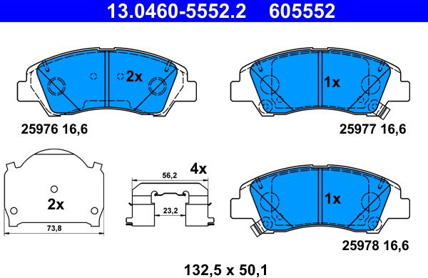 ATE 13.0460-5552.2 - Тормозные колодки, дисковые, комплект autospares.lv