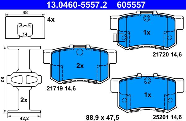 ATE 13.0460-5557.2 - Тормозные колодки, дисковые, комплект autospares.lv