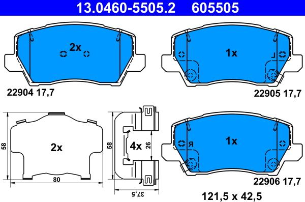 ATE 13.0460-5505.2 - Тормозные колодки, дисковые, комплект autospares.lv