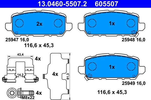 ATE 13.0460-5507.2 - Тормозные колодки, дисковые, комплект autospares.lv