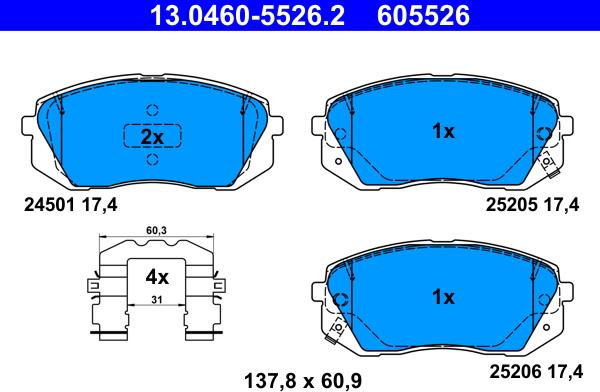 ATE 13.0460-5526.2 - Тормозные колодки, дисковые, комплект autospares.lv