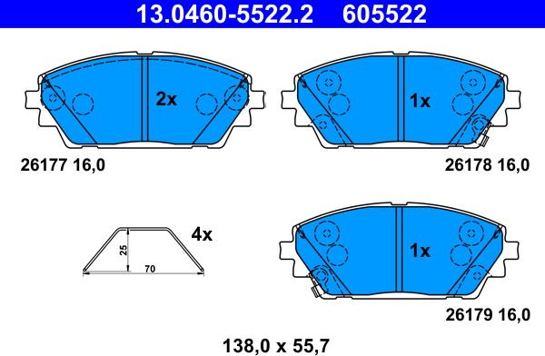 ATE 13.0460-5522.2 - Тормозные колодки, дисковые, комплект autospares.lv