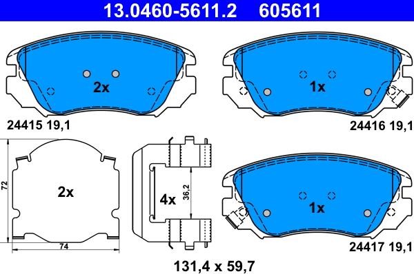 ATE 13.0460-5611.2 - Тормозные колодки, дисковые, комплект autospares.lv