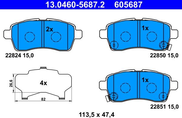 ATE 13.0460-5687.2 - Тормозные колодки, дисковые, комплект autospares.lv