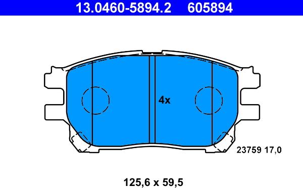 ATE 13.0460-5894.2 - Тормозные колодки, дисковые, комплект autospares.lv