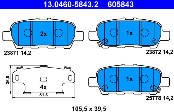 ATE 13.0460-5843.2 - Тормозные колодки, дисковые, комплект autospares.lv