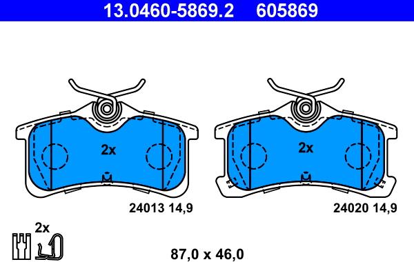 ATE 13.0460-5869.2 - Тормозные колодки, дисковые, комплект autospares.lv