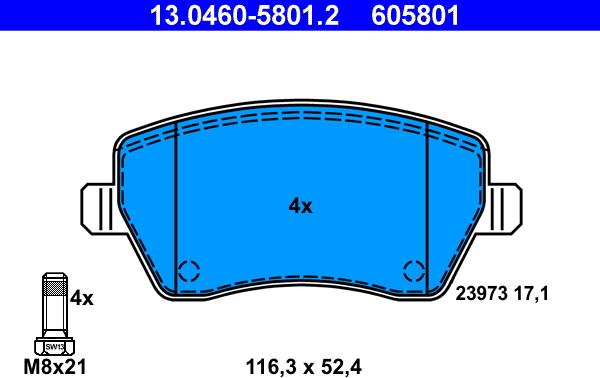 ATE 13.0460-5801.2 - Тормозные колодки, дисковые, комплект autospares.lv