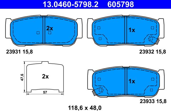 ATE 13.0460-5798.2 - Тормозные колодки, дисковые, комплект autospares.lv