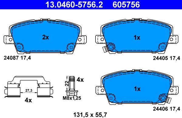 ATE 13.0460-5756.2 - Тормозные колодки, дисковые, комплект autospares.lv