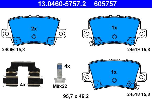 ATE 13.0460-5757.2 - Тормозные колодки, дисковые, комплект autospares.lv