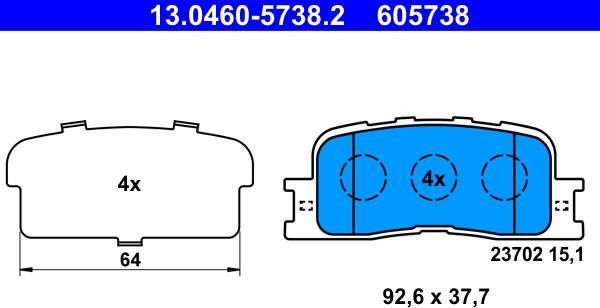 ATE 13.0460-5738.2 - Тормозные колодки, дисковые, комплект autospares.lv