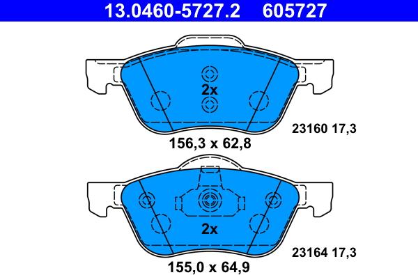 ATE 13.0460-5727.2 - Тормозные колодки, дисковые, комплект autospares.lv