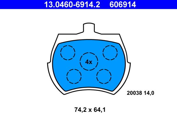 ATE 13.0460-6914.2 - Тормозные колодки, дисковые, комплект autospares.lv