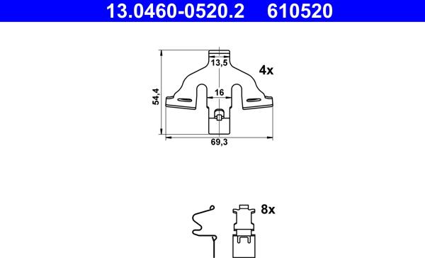 ATE 13.0460-0520.2 - Комплектующие для колодок дискового тормоза autospares.lv