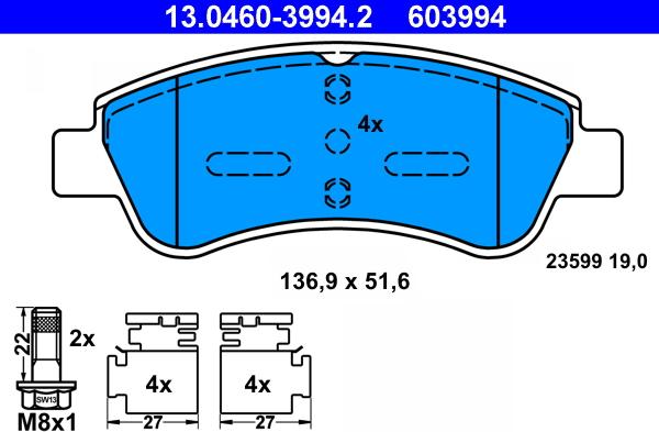 ATE 13.0460-3994.2 - Тормозные колодки, дисковые, комплект autospares.lv