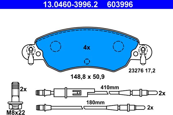 ATE 13.0460-3996.2 - Тормозные колодки, дисковые, комплект autospares.lv