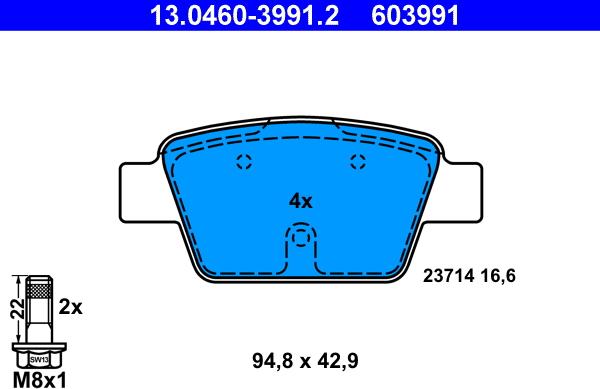 ATE 13.0460-3991.2 - Тормозные колодки, дисковые, комплект autospares.lv